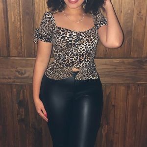 Leopard Square neckline peplum flare bottom button accent blouse top